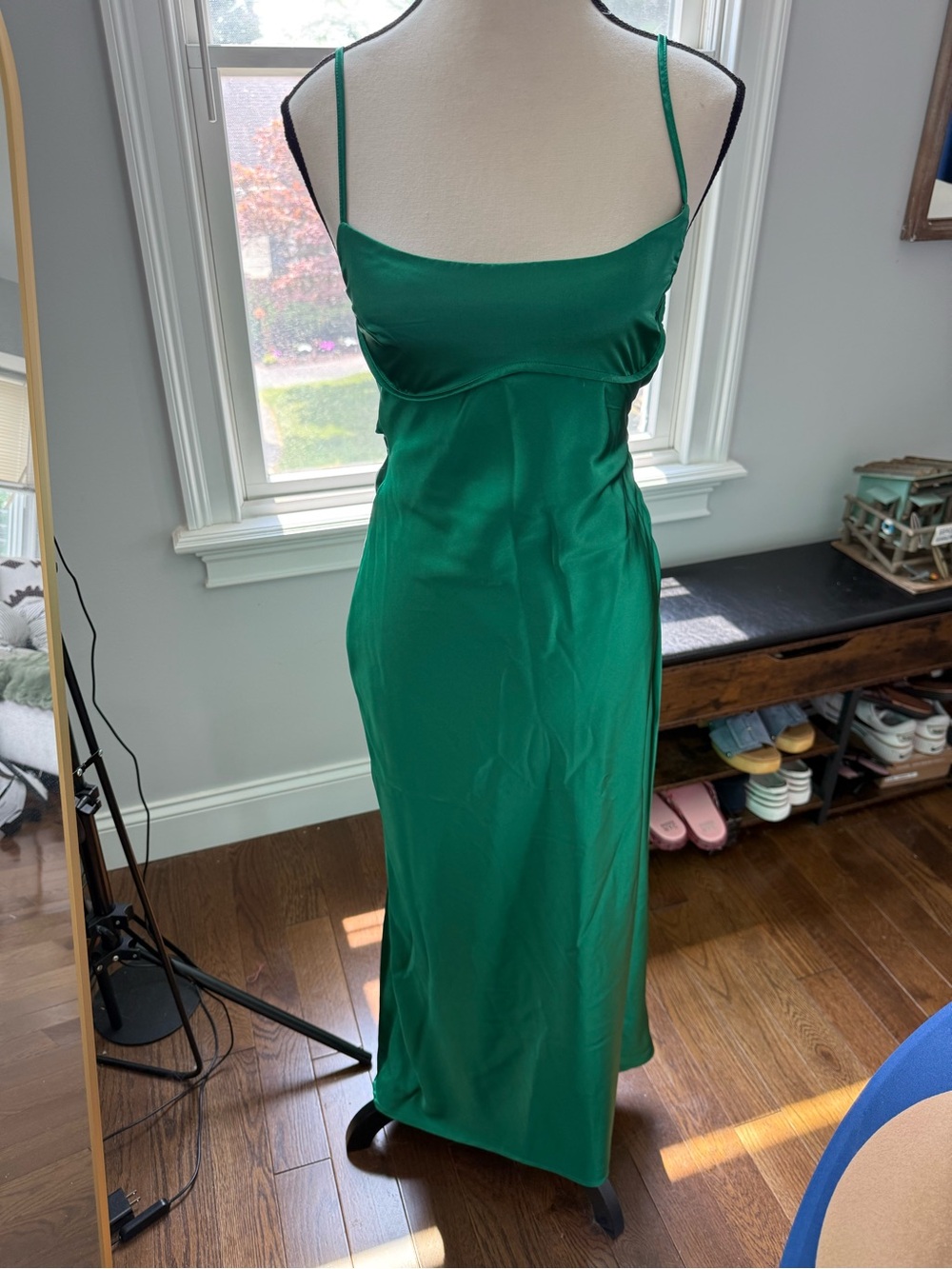 Thirty Thirty LA Gorgeous Emerald Green Satin Maxi Slip Dress Size Small
